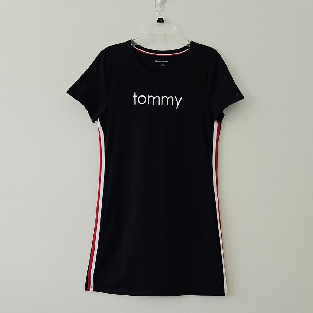 Tommy Hilfiger Sporty Tshirt Dress Side Stripes Navy Blue Cotton Size Medium